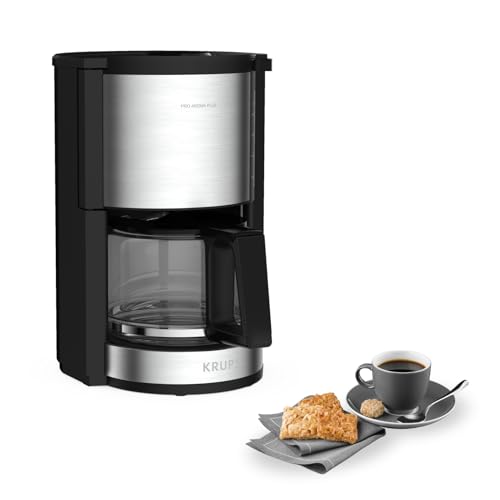 Krups KM3210 Pro Aroma Plus Filterkaffeemaschine, 10 Tassen, 1,25 L, 30-Minuten-Warmhaltefunktion, sichtbares Wasserstands Fenster, Tropfstopp-System, Schwarz mit Edelstahlapplikationen
