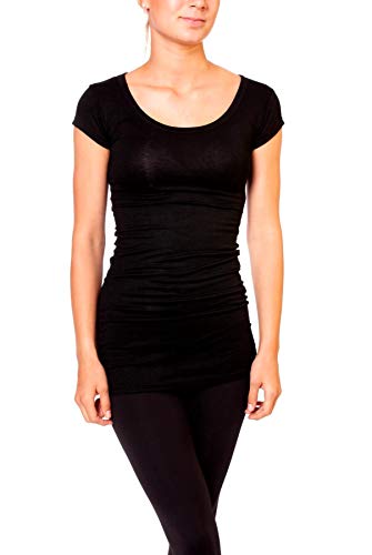 Easy Young Fashion - Damen Basic T-Shirt - langes Kurzarm Longshirt - Rundhals Longsleeve - Unterziehhemd Skinny Fit 1002 - Schwarz M