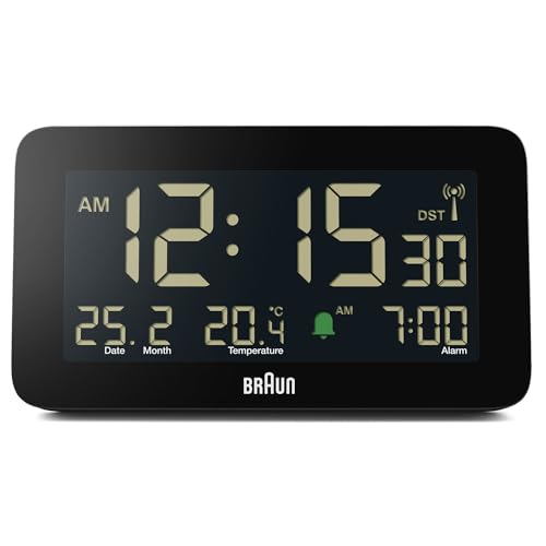 Braun Funk-Digitalwecker für die Mitteleuropäische Zeitzone (DCF) mit Datums-, Monats- und Temperaturanzeige, Negatives LCD-Display, Schnelleinstellung, schwarz, Modell BC10B-DCF