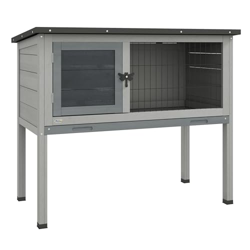 PawHut Hasenstall Kaninchenstall mit aufklappbar Dach Winterfest Hasenkäfig aus Tannenholz Outdoor Kleintierstall Kaninchenkäfig für Kaninchen Hasen Meerschweinchen 84x43x70 cm Grau