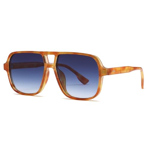Long Keeper Retro Pilot Sonnenbrille Pilotenbrille Herren Damen Quadratisch Sonnenbrille Groß 70er Klassisch Eckige Pilot Retro Brille UV400 (Orange Schildpatt Rahmen - Farbverlauf Blau Linse)