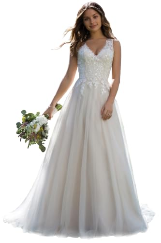 JAEDEN Damen Brautkleider V-Ausschnitt Braut Standesamtkleider Lang Tüll Hochzeitskleider A-Linie Elfenbein 48