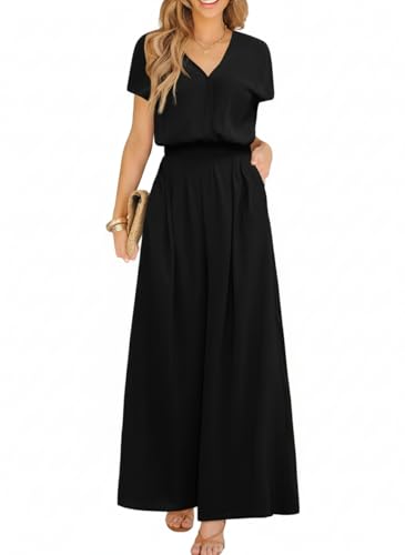 CUPSHE Damen Sommer Jumpsuit V-Ausschnitt Kurzarm Playsuit Schwarz L