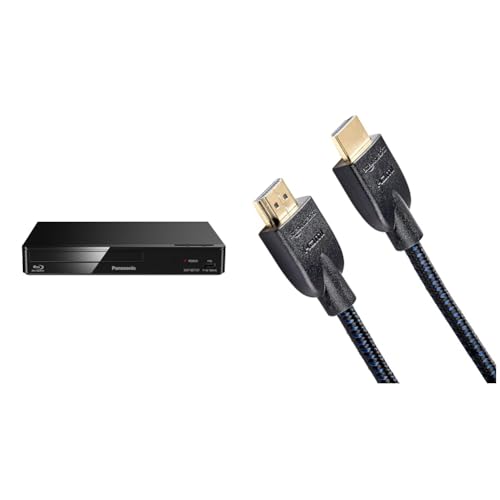 Panasonic DMP-BDT167EG Kompakter 3D Blu-ray Player (Full HD Upscaling, Internet Apps, LAN-Anschluss, USB, MKV-Playback) schwarz & Amazon Basics - Geflochtenes HDMI-Kabel, 0,9 m