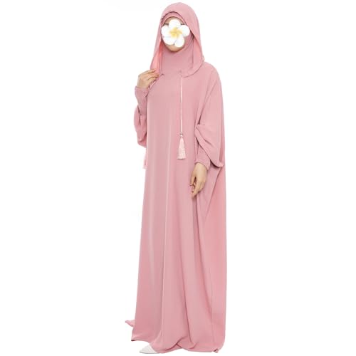Muslimisches Gebetskleid Abaya Solid One Piece Hoodie Abaya Kleid für Frauen Langes Maxikleid Islamisches Dubai Jilbab, Rosa, Einheitsgröße
