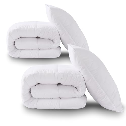 HIG Bettdecke 135x200cm 2er Set mit Kissen–2 Ganzjahresdecke mit 250GSM Mikrofaserfüllung, 2 Kopfkissen 80x80cm, Oeko-Tex Zertifiziert, Kuschelweich Waschbar für Schlafzimmer Gästezimmer Ferienwohnung