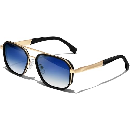 KANASTAL Sonnenbrille Herren Polarisiert Retro Klassische Quadratisch Sonnenbrillen mit Premium Metallrahmen UV400 Schutz, Matt Schwarz Gold Rahmen Blau Gläser