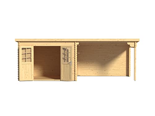 Woodtex Holz Gartenhaus Blockbohlenhaus CA2977 | Wandstärke 28 mm | Naturbelassen | Pultdach | Mit 3 m Anbau | B x T x H: 596 x 298 x 204 cm | Doppeltür Mit Echtglas