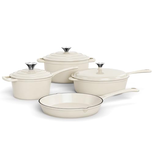 Kitchen Academy, Gusseisen Topf, 7-teiliges Set mit Dutch Ovens, Emailliertes Gusseisen-Kochgeschirr, Soßenpfanne, Pfanne, 3 Deckeln, Dutch Oven Set, Töpfe und Pfannen Set Antihaft, Beige
