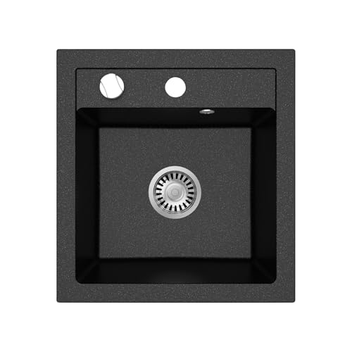 Faizee Home | Spülbecken Granit Schwarz 49x52 cm | Hochwertige Küchenspüle & Einbauspüle | Eckiges Spülbecken | Beidseitig montierbare Granitspüle | Einbaugranitspüle ab 45 cm | Inkl. Siphon-Set