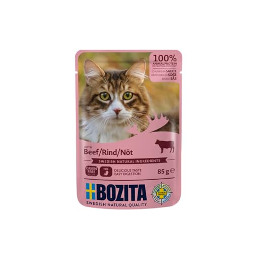 Bozita Pouch Nassfutter Häppchen in Sauce mit Rind - 12x85g Portionsbeutel getreidefreies & weizenfreies Futter für Katzen - Katzennassfutter für erwachsene Katzen mit 8,5% Protein & 4,5% Fettgehalt