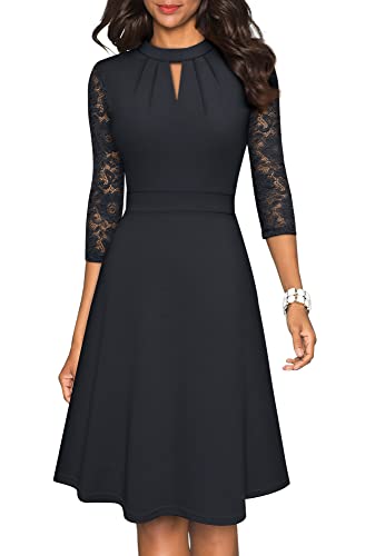 HOMEYEE Damen Elegant Hollow Out Spitzenärmel Swing Retro Party Cocktailkleid A234 (XXL, Schwarz)
