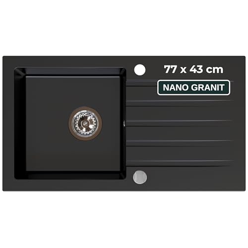 SINK QUALITY Küchenspüle mit Abtropffläche - Spülbecken schwarz 77x43 cm - inkl. Exzenter-Siphon - Einbauspüle für 45er Unterschrank - Granitspüle schwarz