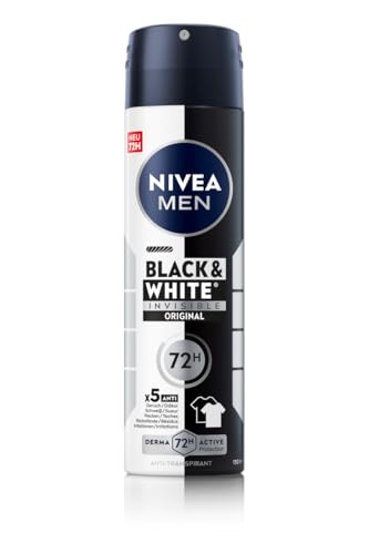 NIVEA MEN Black & White Invisible Deo Spray, Deodorant mit Anti-Flecken-Formel, zuverlässiger 72h Anti-Transpirant-Schutz und Active Protection (150 ml)