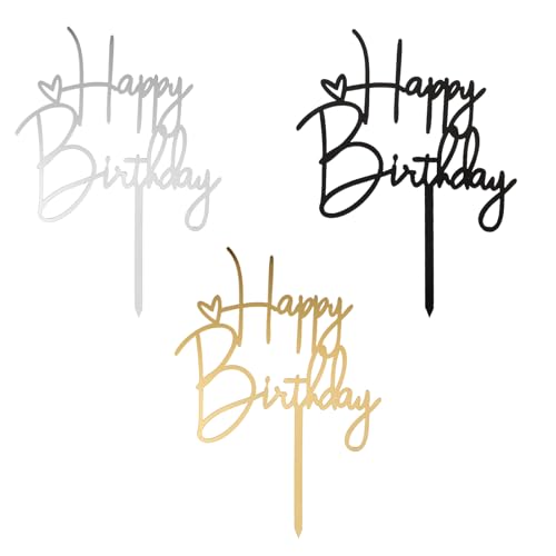 Qianyu 3 Stück Happy Birthday Tortendeko Cake Topper Geburtstag Acryl Party-Dekoration Herz Cupcake-Topper Dekoration für Frauen und Männer Geburtstag Jahrestag Andenken Valentinstag