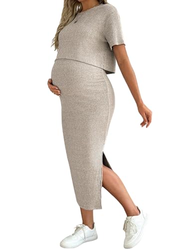 SweatyRocks Zweiteiler Damen Elegant Umstandsmode Strick Set Winter Rock Und Oberteil Im Set 2 Teiler Herbstmode 2025 Umstandskleid Aprikosenfarben S