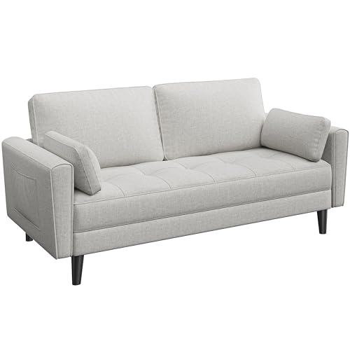 Yaheetech Sofa 2 Sitzer, Polstersofa mit 2 Kissen und Armlehnen, Moderne Couch Loungesofa aus Leinenstoff, Bequemes Loveseat für Wohnzimmer/Schlafzimmer Graubeige