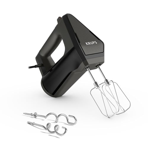 Krups 3MIX 6000 Handmixer, 600 W, präzise Kontrolle, Soft-Touch-Griff, langes Kabel, praktischer Geschwindigkeitsregler, Handrührgerät inkl. Quirle und Knethaken, Schwarz, GN6028