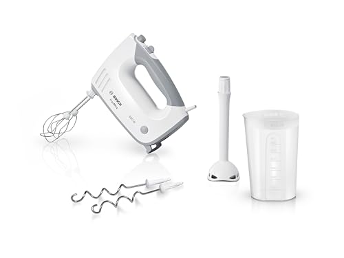 Bosch Handrührgerät, 2 Rührbesen, 2 Knethaken, Edelstahl, spülmaschinenfest, Pürierstab, Mixbecher, 5 Stufen plus Turbostufe, 450 W, weiß, ErgoMixx MFQ36440