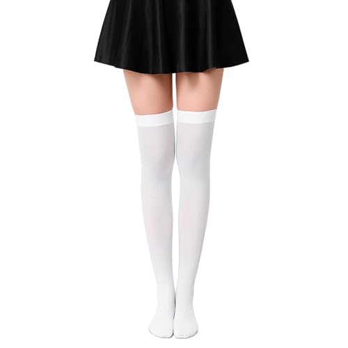 ADLABLD 1 Paar Weiß Overknee Strümpfe,Nylon Thigh High Socks,Kompressions Damen-Kniestrümpfe,Overknees Strümpfe Damen für den Alltag, Weihnachten und Halloween Cosplay