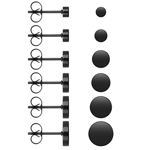 Yolev 6 Paar Ohrringe Schwarz Edelstahl Ohrstecker Unisex Runde Flat Top Ohrstecker Herren Damen Ohrringe (3mm - 8mm)