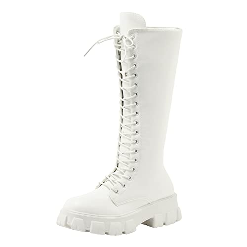 Generisch Modische Lange Damenstiefel aus massivem mit seitlichem Reißverschluss Schnürung im britischen Stil (White, 39)