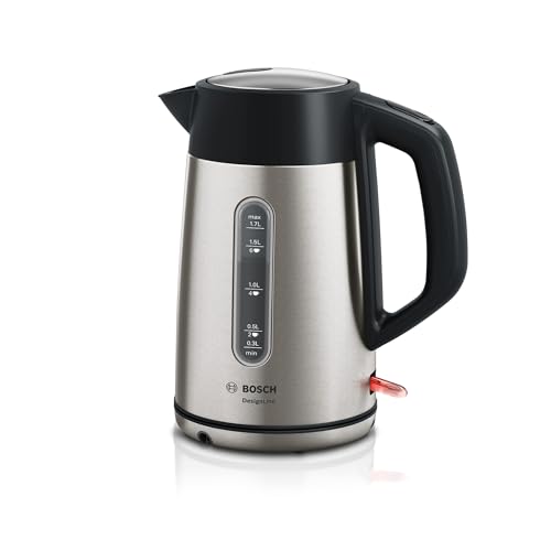 Bosch kabelloser Wasserkocher DesignLine TWK4P440, Ausgießen ohne Spritzer, Tassenanzeige, Wasserstandsanzeige, Überhitzungsschutz, 1,7 L, 2400 W, Edelstahl/schwarz