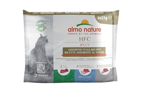 Almo Nature HFC Jelly Nassfutter für Katzen, Verschiedene Thunfischrezepte, menschliche Qualität, glutenfrei, 6 x 55 g