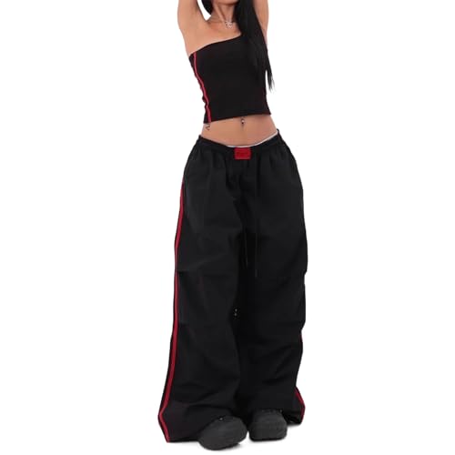 Damen Y2K Baggy Cargohose mit Stretchbund Weites Bein und Kontraststreifen Atmungsaktive Parachute Pants Street Style