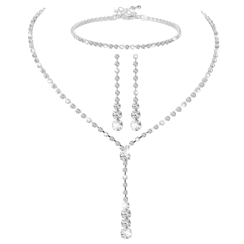 Yolev 4 Stück Schmuck Set Hochzeitsschmuck Braut Tropfen Halskette Anhänger Ohrringe Strass Armband Set Silber Schmuck Hochzeit Brautschmuck für Frauen und Mädchen Hochzeit Party
