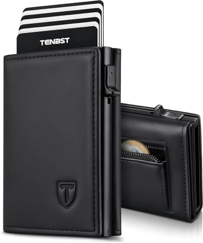 TENBST Geldbörse Herren mit RFID Schutz, Slim Wallet mit Münzfach, 10 Karten Portmonee Geldbeutel Herren, Magnetischer Wallets for Men, Kreditkartenetui Klein with Gift Box - Schwarz