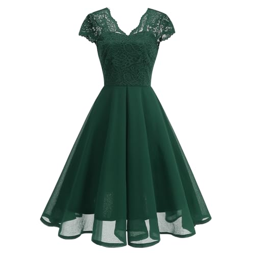 OMEWEE 1950er Vintage Retro Cocktailkleid Damen Elegant Knielang Rockabilly Kleider V-Ausschnitt Chiffon Kurzarm Spitzenkleid A-Line Swing Hochzeit festliches Kleid Kleid Abendkleid Grün M
