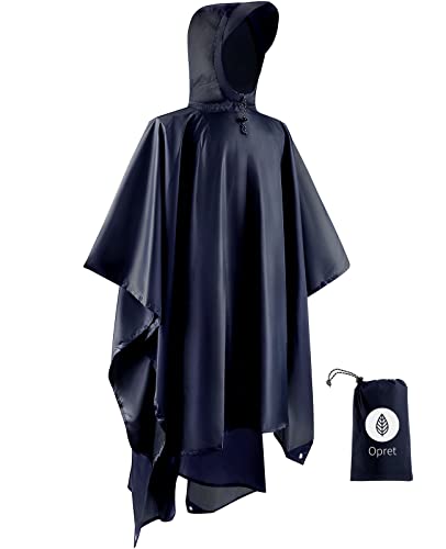 Opret Wasserdicht Regenponcho Damen Herren, Leicht Atmungsaktiv Regencape 3-in-1-Multifunktional Regenmantel Regenschutz Regen Poncho für Wandern und Camping-Navyblau