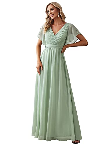 Ever-Pretty Damen Ballkleider Gürtel Lang A-Linie Empire Kurze Ärmel V-Ausschnitt Chiffon Elegant Minzgrün 40EU