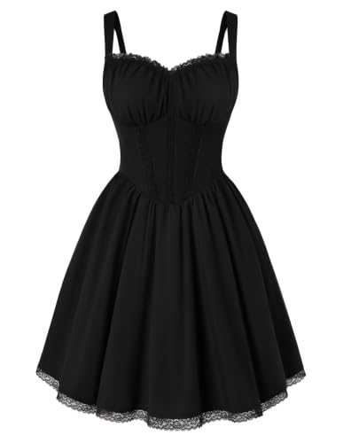 SCARLET DARKNESS Sommerkleid Damen Spaghettiträger Hochzeitsgast Kleid | Sexy Tunika Kleid Damen Elegant Kleid Verstellbare Schulterträger Eckiger V-Ausschnitt Spitze Verziert