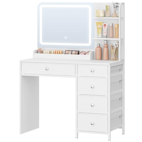 Hzuaneri Schminktisch mit Led-Beleuchtung, Schminktisch mit Große HD-Spiegel, Schminktische mit 5 Schubladen und 2 Ablagefächern, Ideal für Das Schlafzimmer, Modernes Weiß DT43903XEU