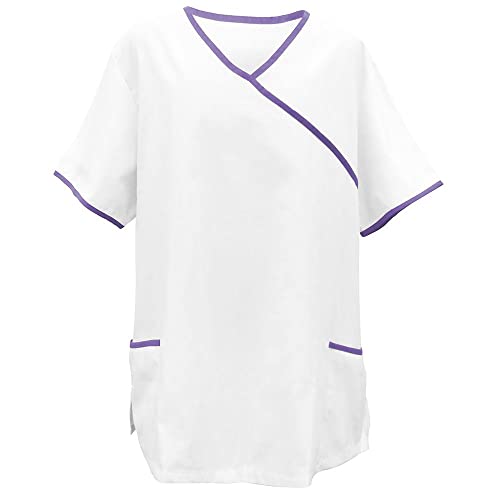 EXNER Medizinischer Schlupf-Kasack, OP-Kasack, für Damen und Herren in Krankenpflege, Altenpflege, mit Paspelierung, Farbe weiß, Paspel Purple, Größe 5XL