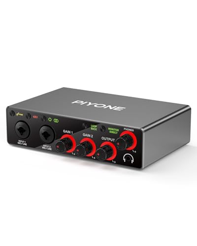 PIYONE Audio-Interface, 2X2 24-Bit/192kHz Interface für High-Fidelity & Studioqualität, PC/Mac/iOS-Aufnahmen, XLR/TRS-Kombieingang, Monitor-Mix/Loopback-Funktion, Ein-Kabel-Lösung (Aluminium-Grau)