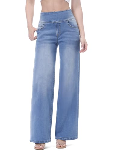 Chasehot Pull-On Weite Jeans Damen, High Waist Gummibund, Mittelblau, 31 L