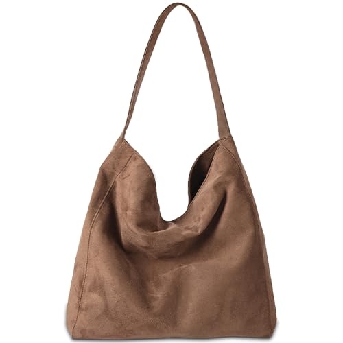 Gluckstar Handtasche Damen Groß, Künstliche Wildleder Tasche Damen, Elegante Shopper Tasche für Frauen, Modische Schultertasche für Freizeit, Arbeit, Reisen, Braun