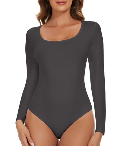 SHAPERIN Damen Body Langarm Rundhals Bodysuit Langarmshirt Damenbody Tanga Long Sleeve Bodysuits Tops Unterziehbody Dunkelgrau M