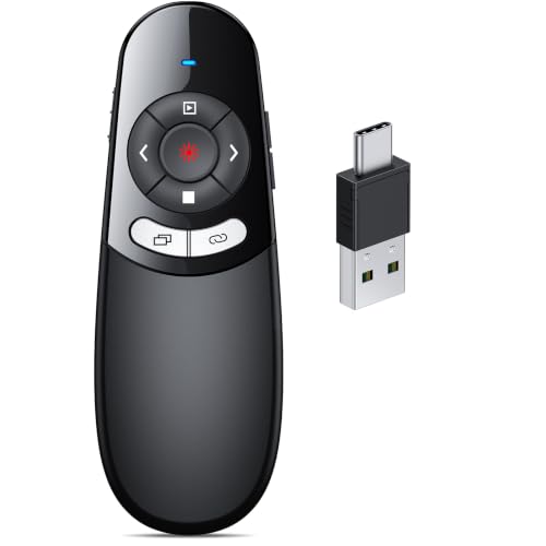USB C Presenter, Kabellose 2.4 GHz Powerpoint Fernbedienung, Pointer für Präsentationen via Typ C und USB Empfänger, Rot Präsentationsfernbedienung für Windows 7/8/10/Mac/Linux/Android/PowerPoint