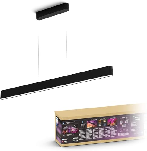 Philips Hue White & Color Ambiance Ensis Pendelleuchte (5.500 lm), dimmbare Esstischleuchte für das Hue Lichtsystem mit 16 Mio. Farben, smarte Lichtsteuerung über Sprache oder App, schwarz