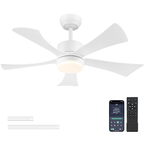 105 cm Deckenventilator mit Licht, Moderner Weißer Deckenventilator mit App-Fernbedienung, DC-Motor (leise), 3CCT dimmbare Beleuchtung mit Memoryfunktion, LED Deckenventilator für Schlafzimmer