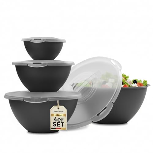 Hausfelder Salatschüssel Set groß mit Deckel 4er Set, 0,7L/1,9L/3,6L/6L, Schüsselset aus Kunststoff stapelbar, BPA-frei in Anthrazit Schwarz für Camping und Küche