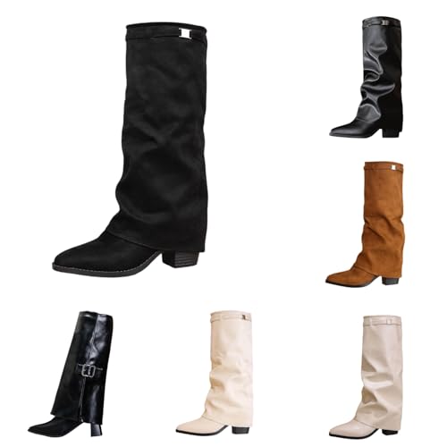 Generisch Stiefel Damen - Absatz Kniehoch Elegant Weiter Schaft Winter Overknees Leder Warm Stiefeletten Reitstiefel Komfort Langschaft Chunky Fold Over Shark Boots Kniestiefel Mittelalter Schwarz 39