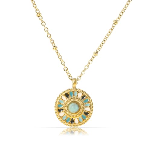 Made by Nami Halskette Damen Gold mit Mandala Anhänger und Edelsteinen in Bunt oder Grün aus Chirurgischem Edelstahl 40 + 5 cm Boho Schmuck Damen Wasserfest & Hypoallergen (Grün)