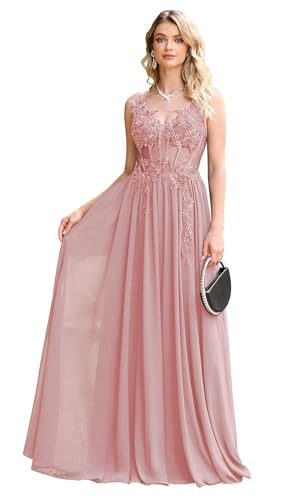 Misshow Luxuriöses langes Abendkleid für Zeremonien mit Perlen, Pailletten, floralen Spitzenapplikationen aus Mousseline-Seide, Rosa, 40