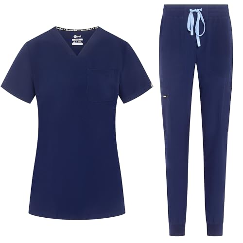 B-well NAOMI Damen-Schrubb-Set Schlupfkasack + Schlupfhose Set Medizin Arzt Uniform Schlupfjacke Oberteil mit Hose Medizinische Berufsbekleidung mit Elastan (Dunkelblau, M)