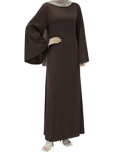 Zofocy Modische Damen Abaya mit Glockenärmeln, tailliertem Rücken & Uni-Farbe Elegantes muslimisches Maxikleid